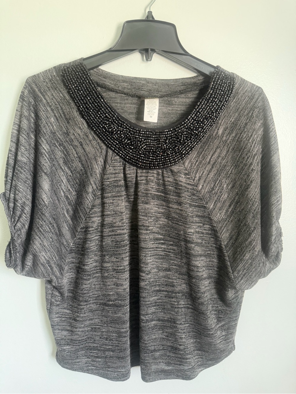 Lavish Charcoal Gray Knit Top with Black Beaded Collar Short sleeve size medium